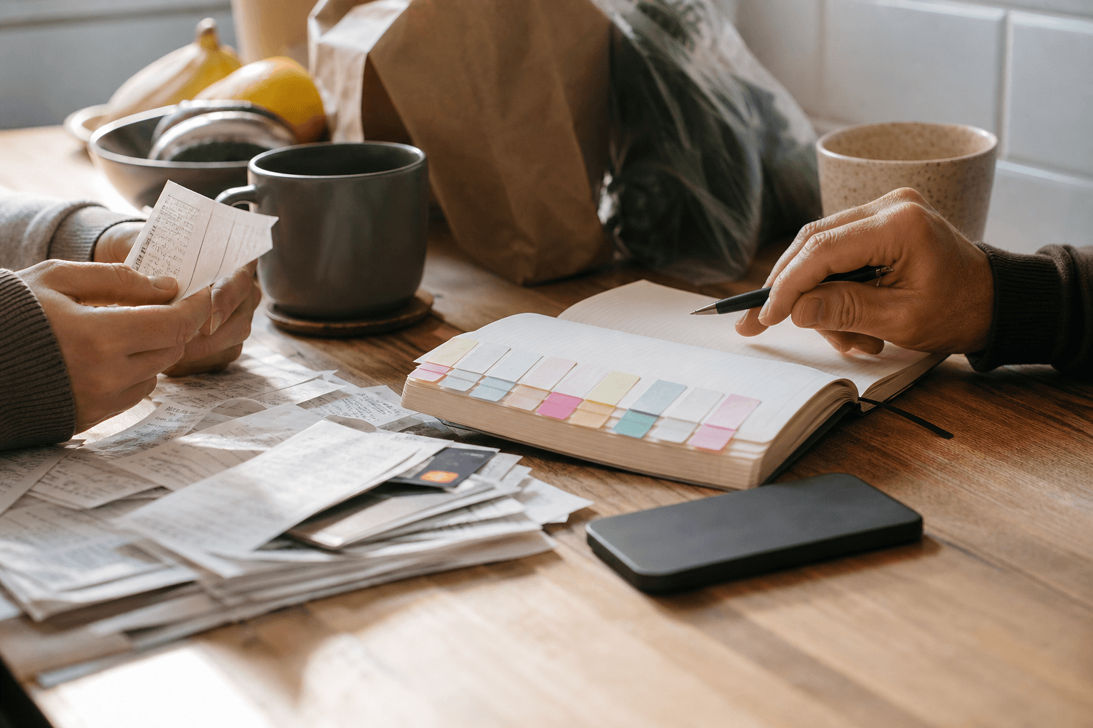 Open budget notebook with colored tabs on a kitchen table beside a face-down phone, representing a couple planning their mont