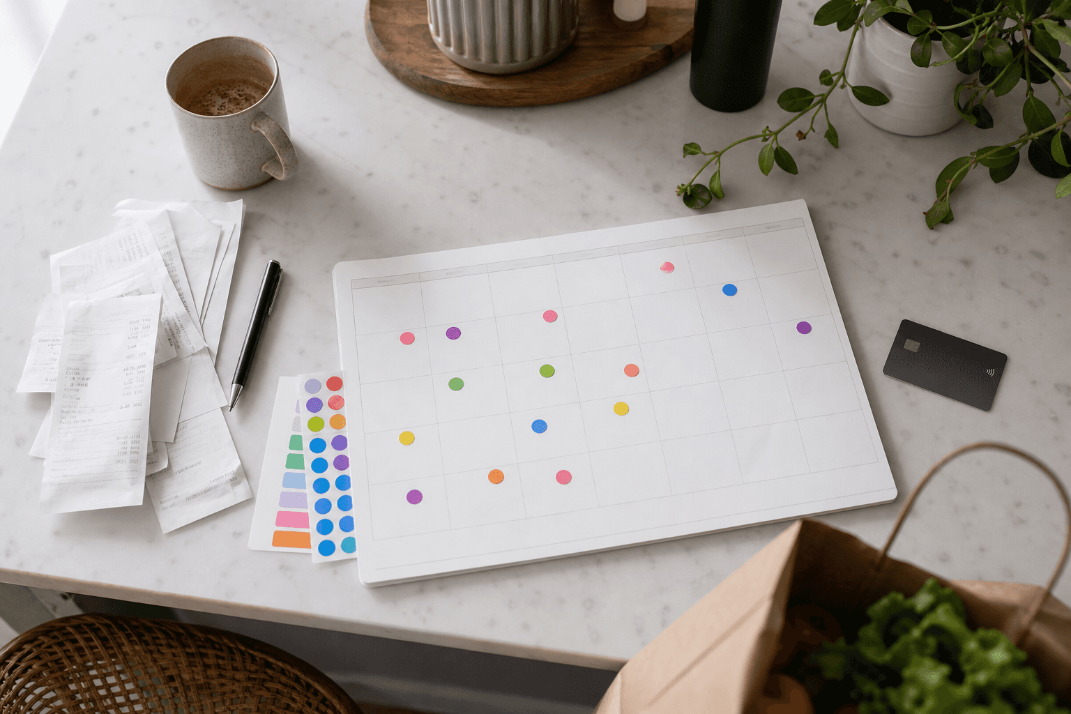 Overhead view of a blank family budget planner with colored category dots on a kitchen island beside a debit card and grocery