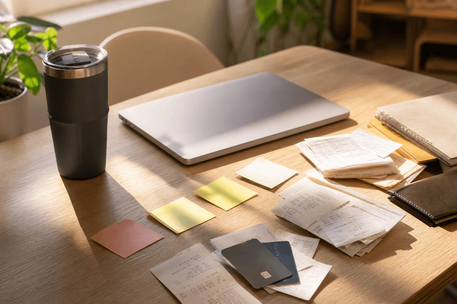 Freelancer desk with closed laptop, travel mug, and blank sticky notes in soft morning light for subscription audit