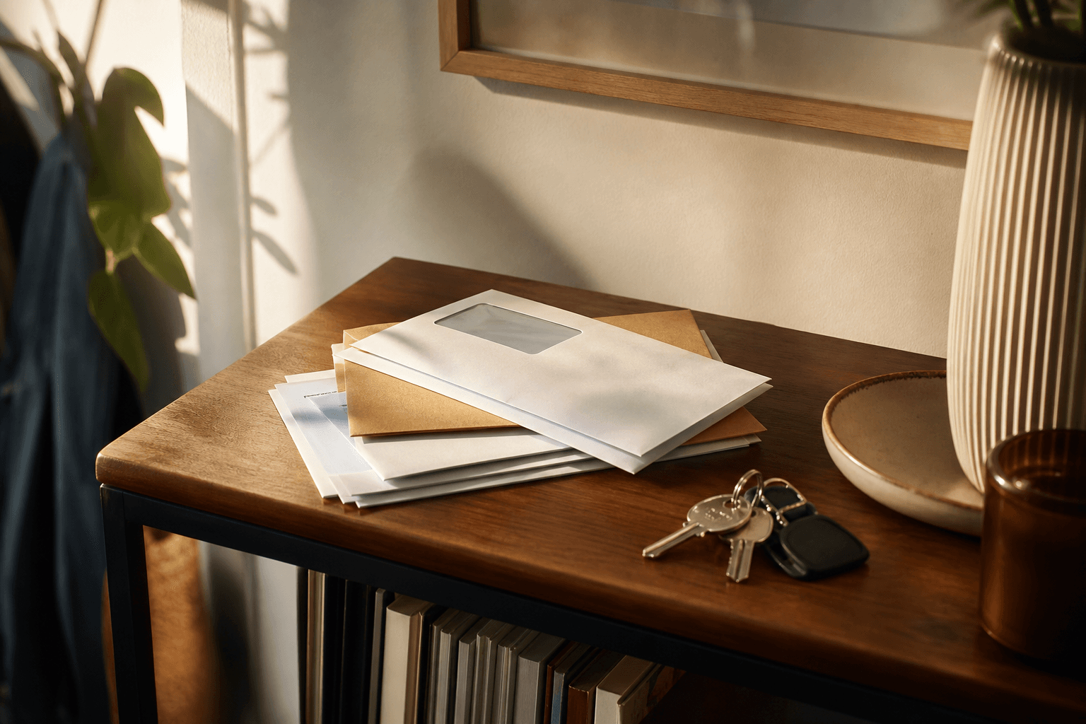 Rent and utility envelopes stacked on an entry table beside apartment keys, representing a renter monthly budget