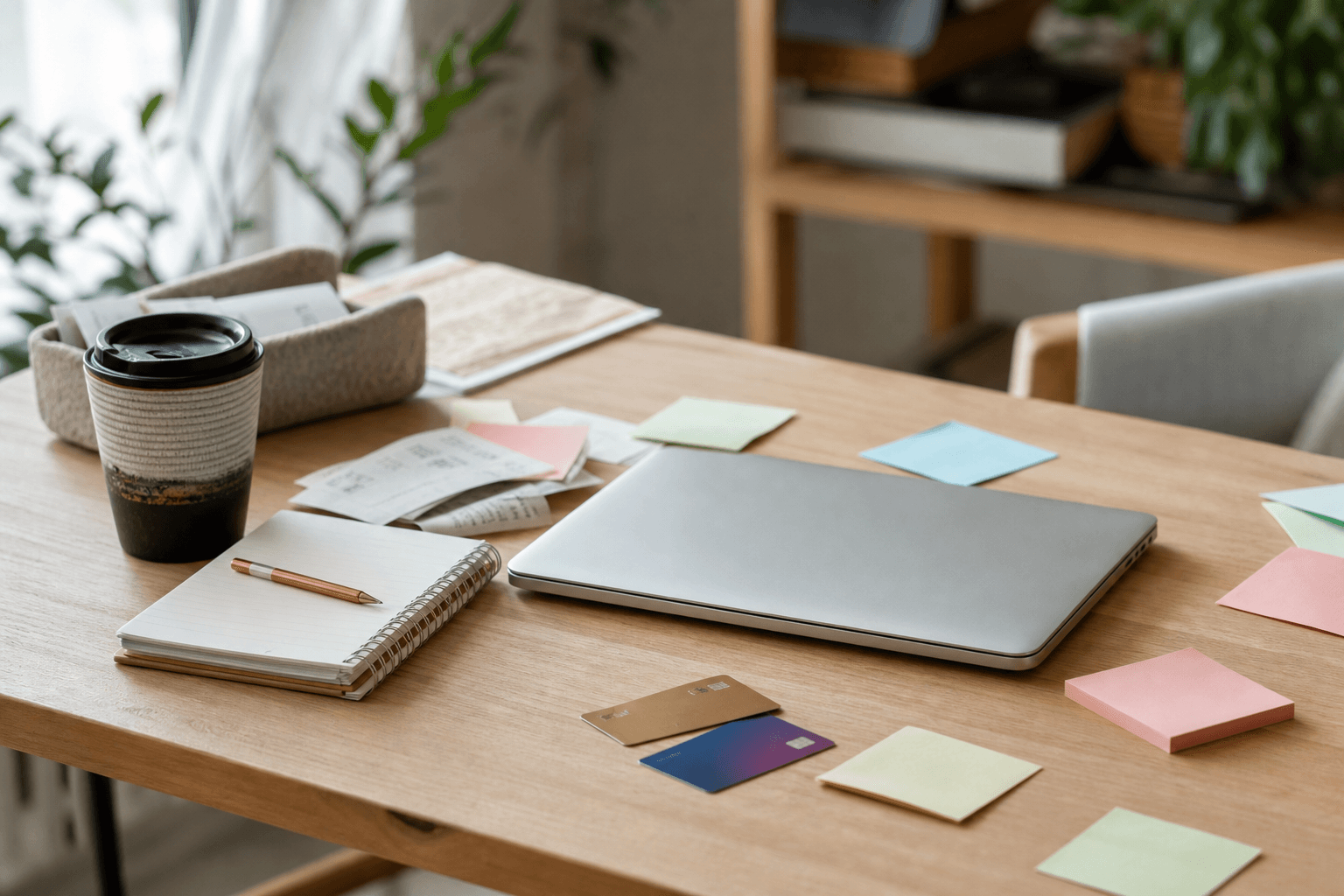 Freelancer desk with closed laptop, blank sticky notes, and a travel mug in soft natural window light