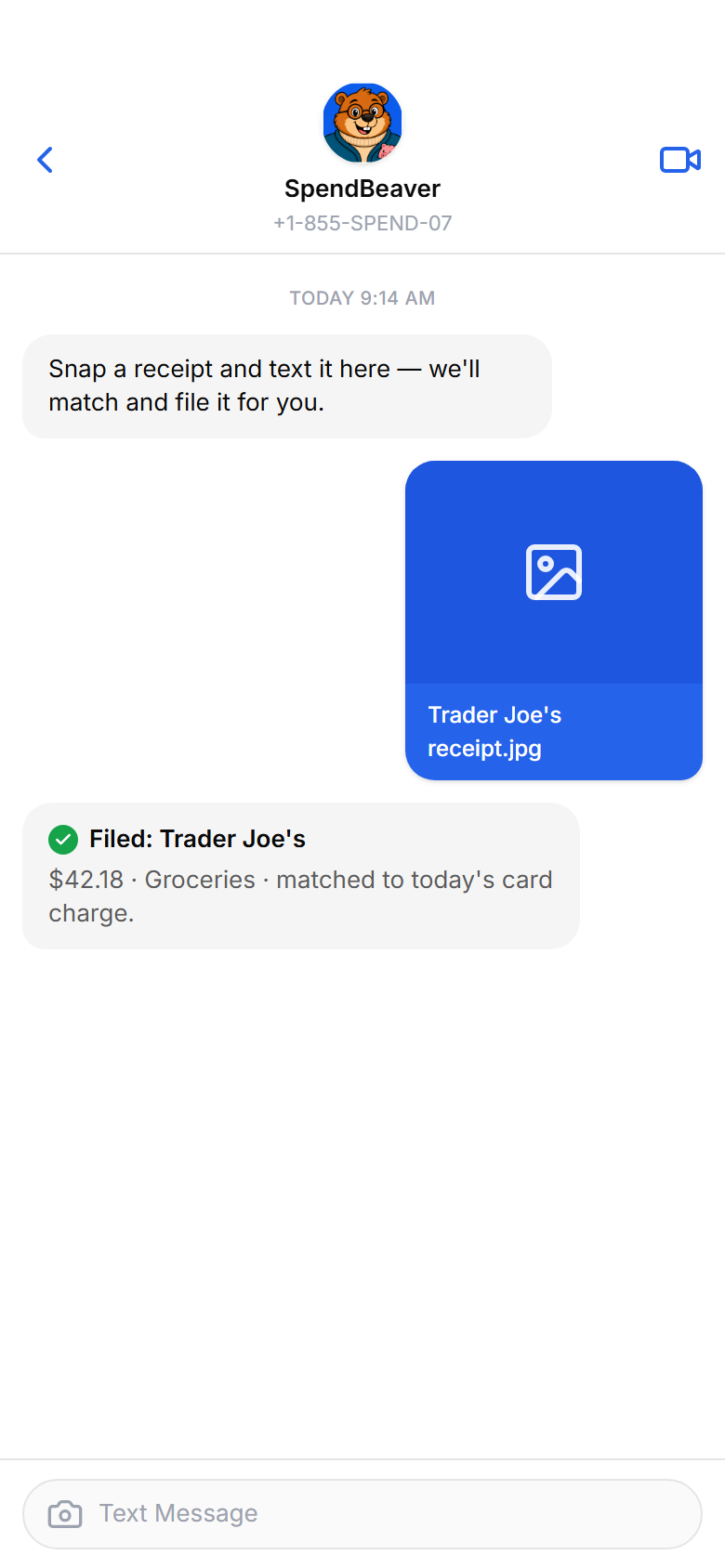 SpendBeaver SMS receipt capture conversation